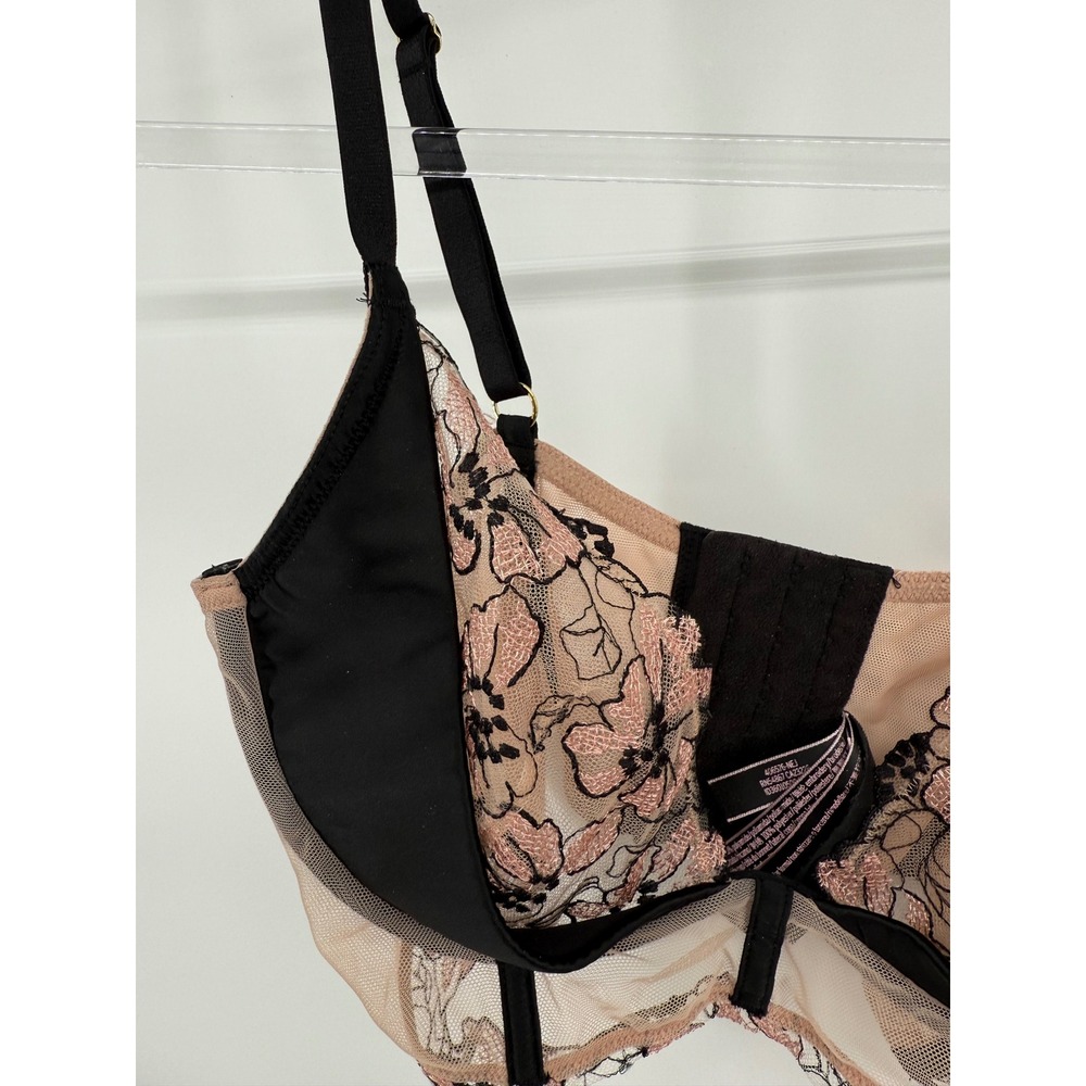 Victorias Secret Very Sexy Longline Bra 36D Black Pink Floral Embroidered Mesh - Picture 2 of 6